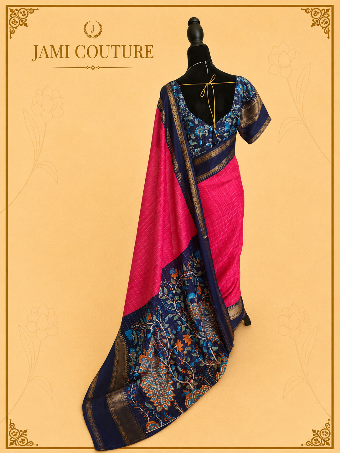 Pink & Navy Handloom Saree with Kalamkari Print Pallu | Navy Floral Blouse