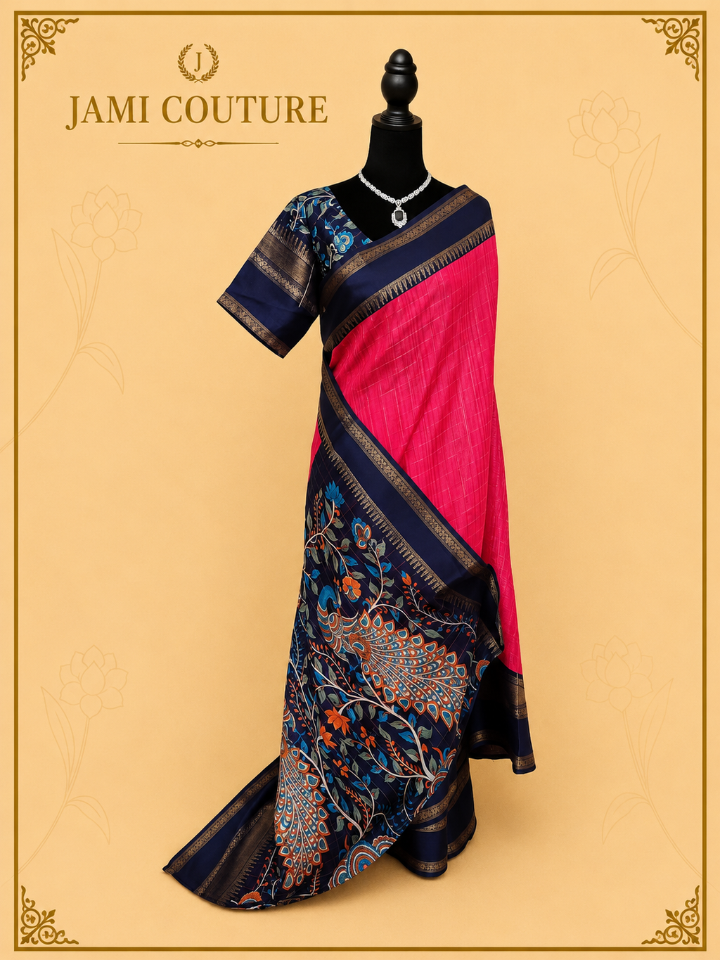 Pink & Navy Handloom Saree with Kalamkari Print Pallu | Navy Floral Blouse