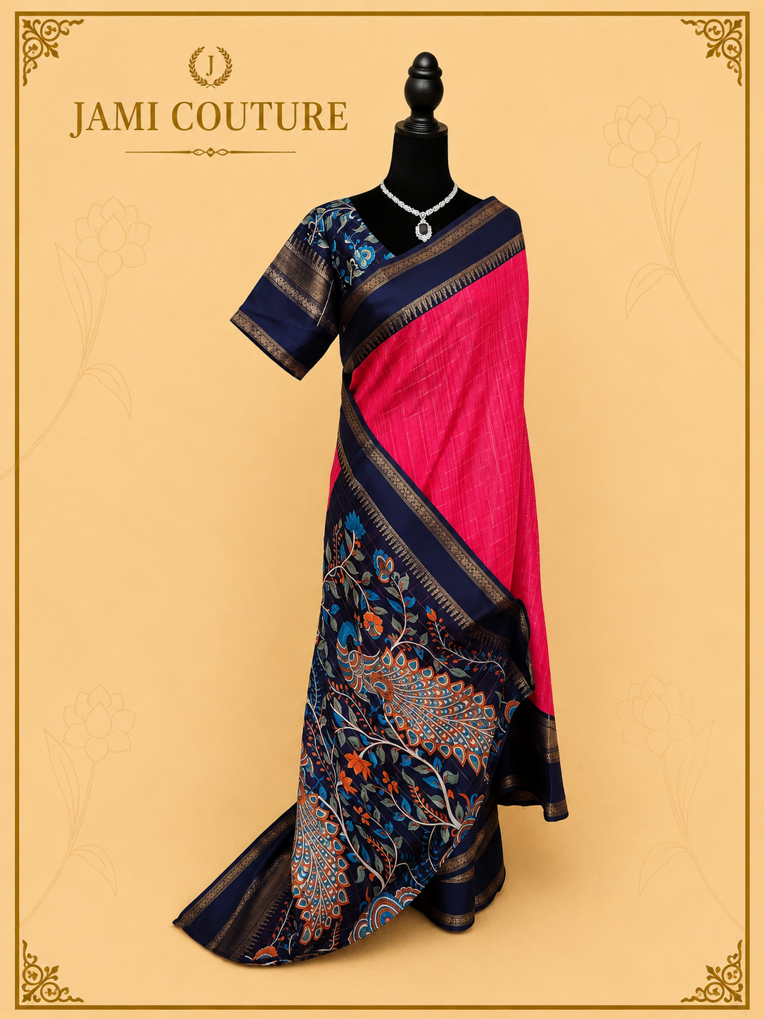 Pink & Navy Handloom Saree with Kalamkari Print Pallu | Navy Floral Blouse