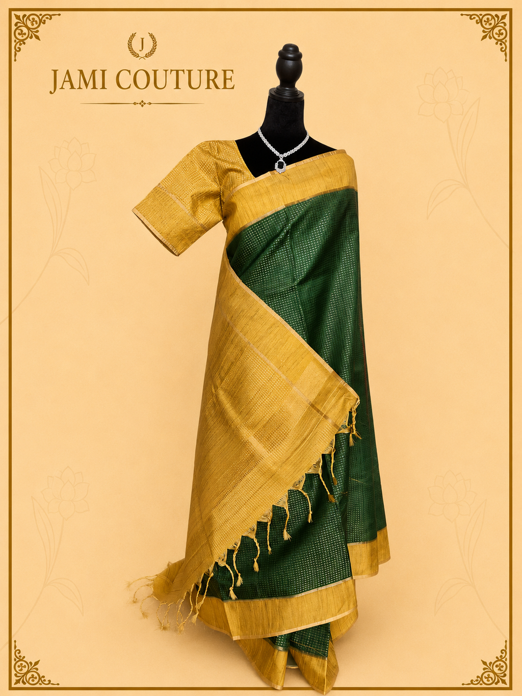 Golden Zari Handloom Silk Cotton Saree with Teal Contrast Pallu | Matching Zari Blouse