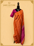 Purple & Rust Color-Block Party Wear Silk Saree with Fringe Tassels | Matching Purple Blouse