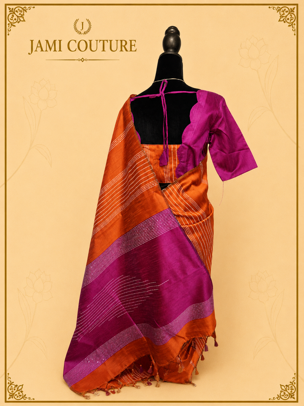 Purple & Rust Color-Block Party Wear Silk Saree with Fringe Tassels | Matching Purple Blouse