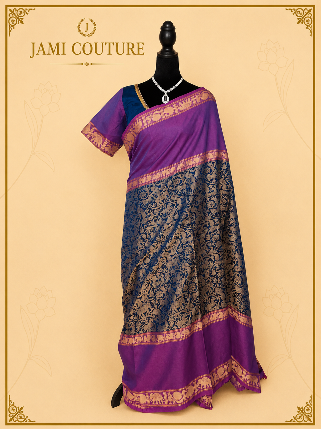 Vana Soundaryam – Purple & Teal Dual-Tone Silk Cotton Saree with Elephant Motif Border | Contrast Teal Blouse