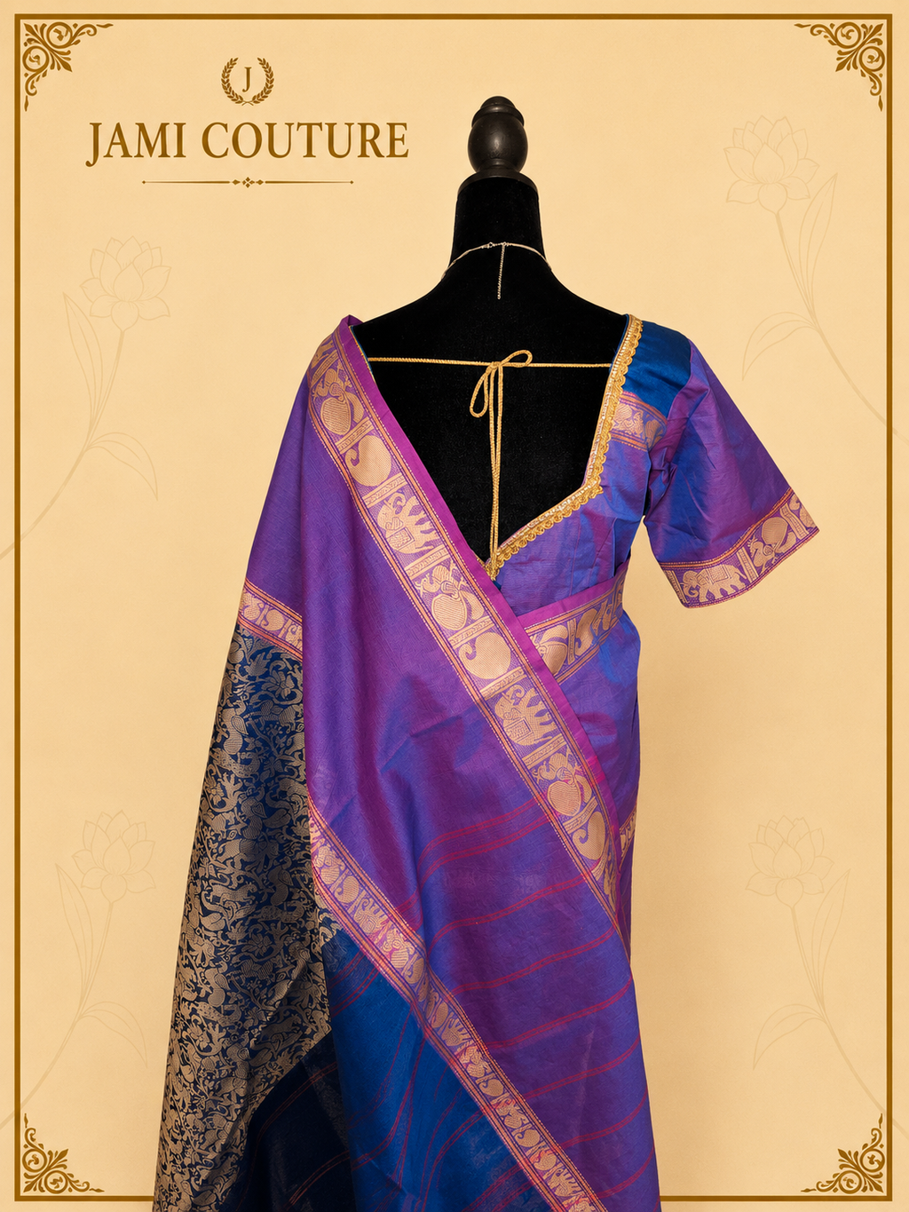 Vana Soundaryam – Purple & Teal Dual-Tone Silk Cotton Saree with Elephant Motif Border | Contrast Teal Blouse