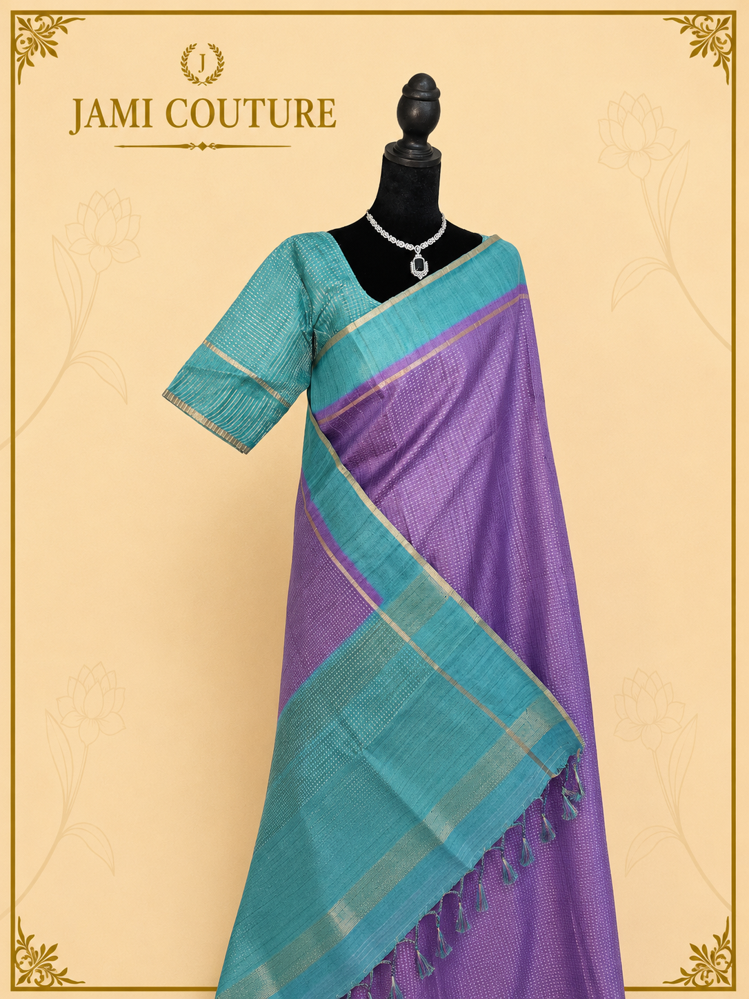 Royal Purple & Teal Handloom Silk Cotton Saree with Zari Check Weave | Matching Teal Blouse