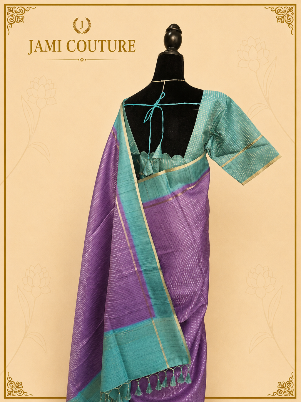 Royal Purple & Teal Handloom Silk Cotton Saree with Zari Check Weave | Matching Teal Blouse