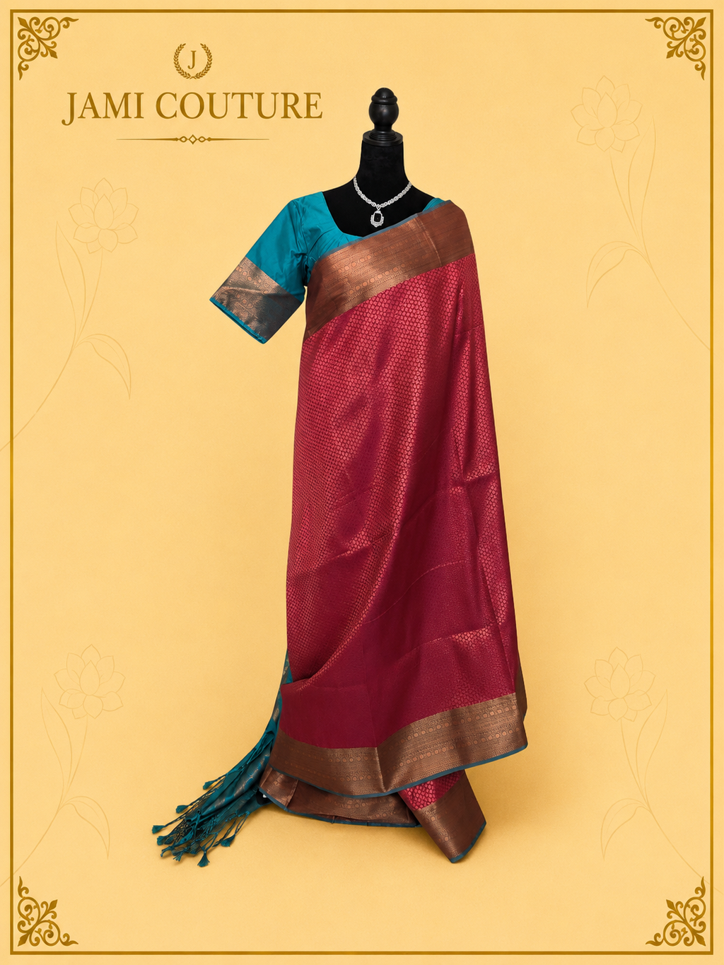 Stunning Red & Teal Dual Tone Handloom Silk Saree  with stitched matching blouse