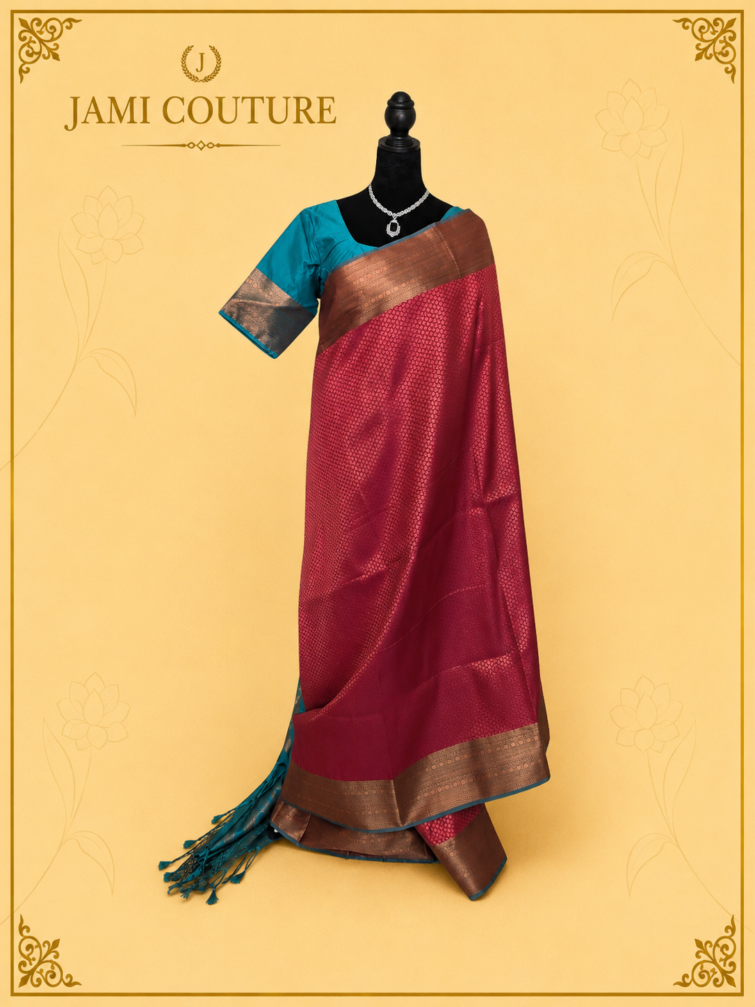 Stunning Red & Teal Dual Tone Handloom Silk Saree  with stitched matching blouse