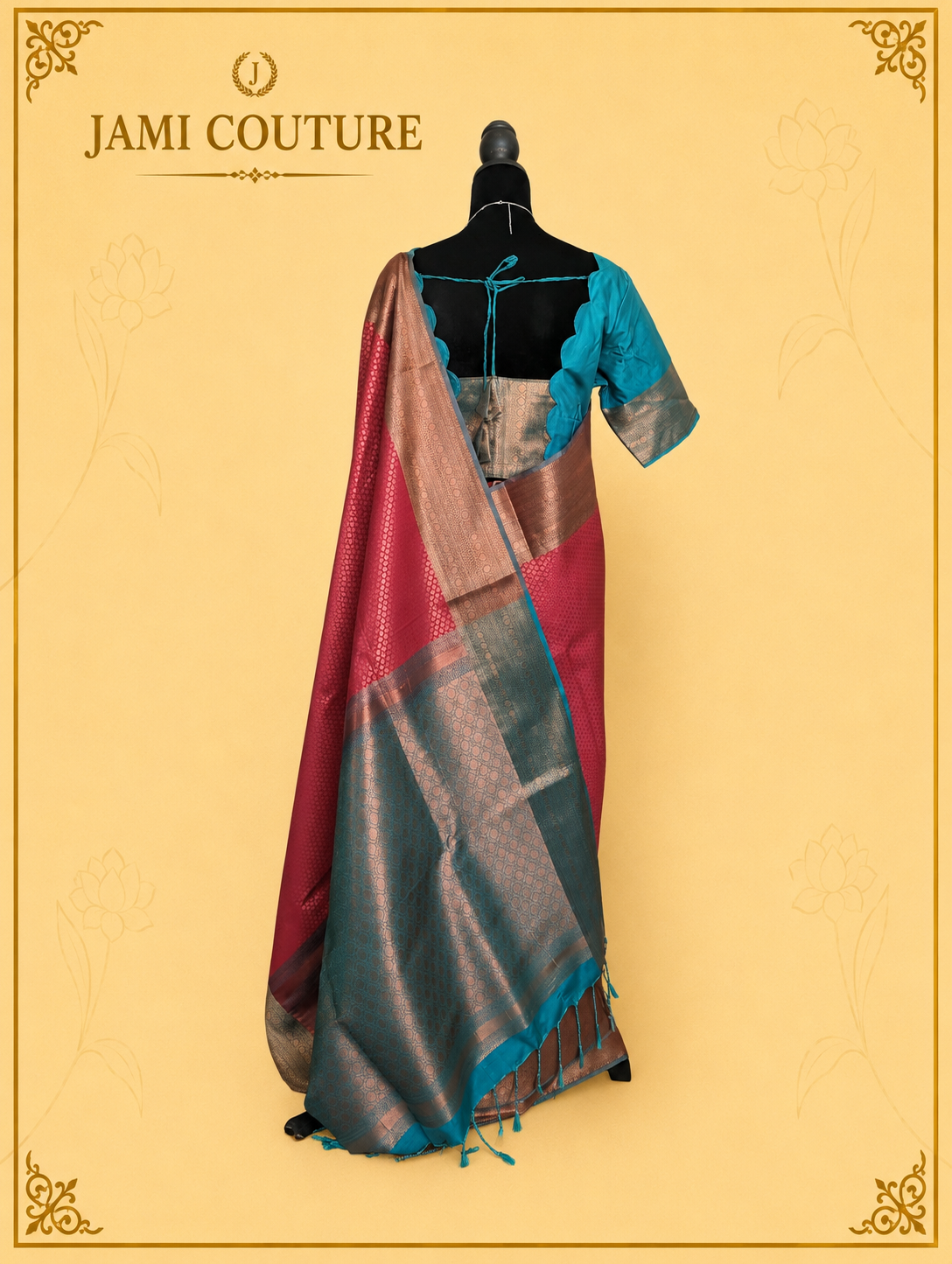 Stunning Red & Teal Dual Tone Handloom Silk Saree  with stitched matching blouse