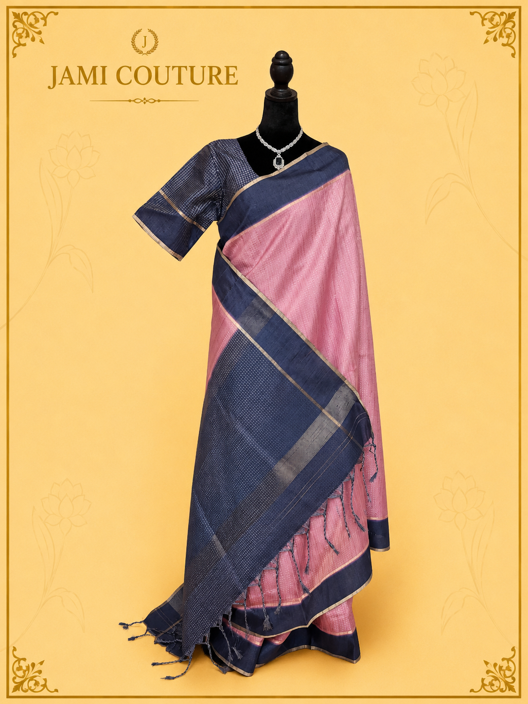 Blush Pink & Navy Handloom Silk Cotton Saree with Zari Check Weave | Matching Navy Blouse
