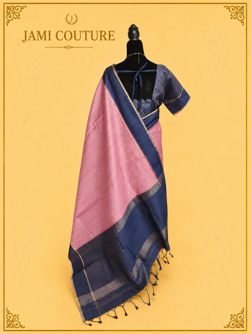 Blush Pink & Navy Handloom Silk Cotton Saree with Zari Check Weave | Matching Navy Blouse