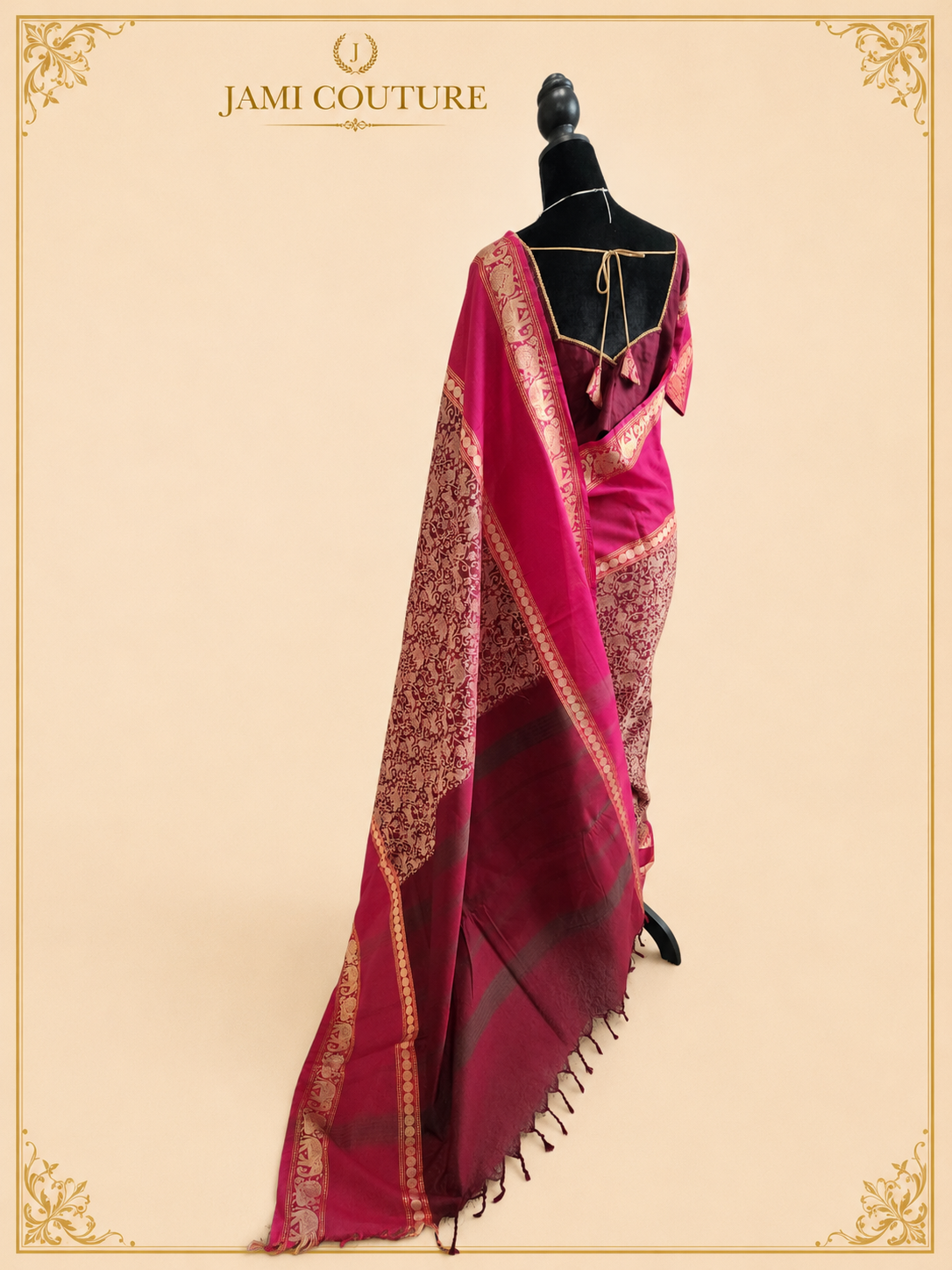 Vana Soundaryam – Wine Maroon Silk Cotton Saree with Elephant & Peacock Motif Border | Contrast Pink Blouse
