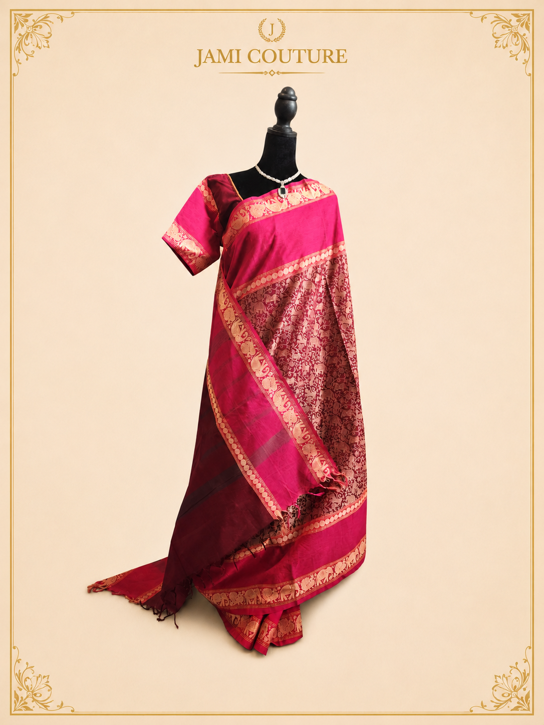 Vana Soundaryam – Wine Maroon Silk Cotton Saree with Elephant & Peacock Motif Border | Contrast Pink Blouse