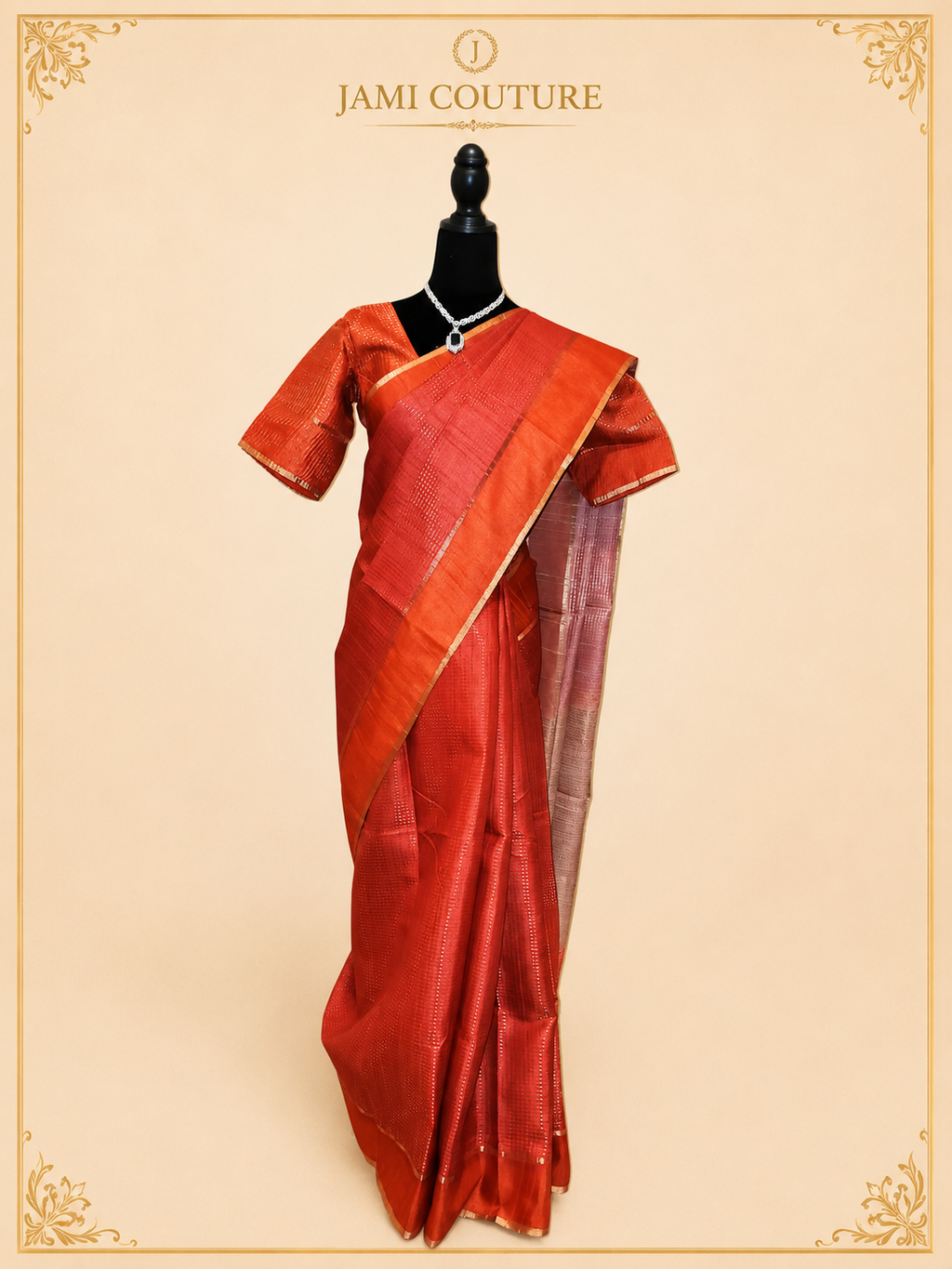 Crimson Red Handloom Silk Cotton Saree with Zari Check Weave | Matching Red Blouse