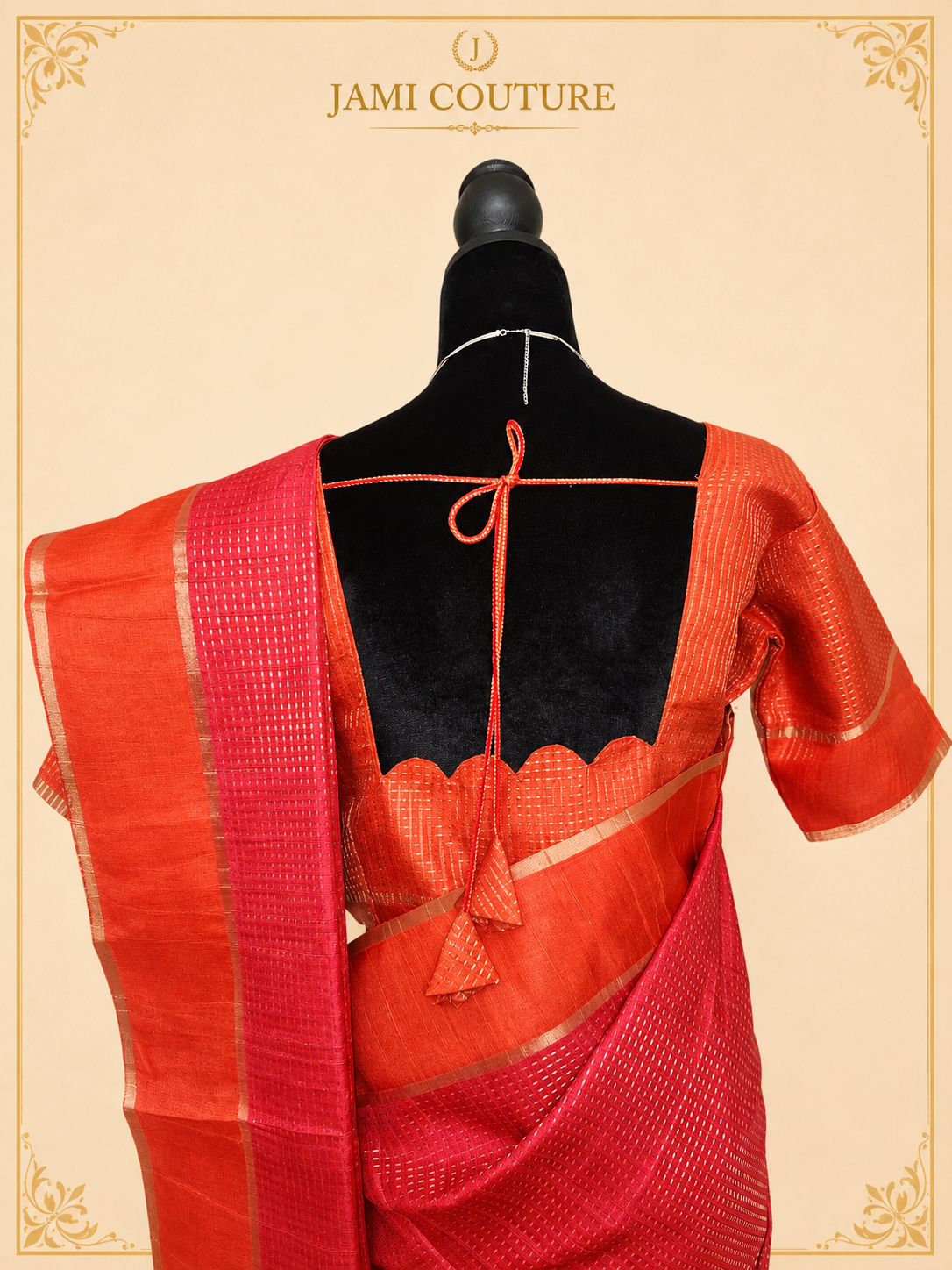 Crimson Red Handloom Silk Cotton Saree with Zari Check Weave | Matching Red Blouse