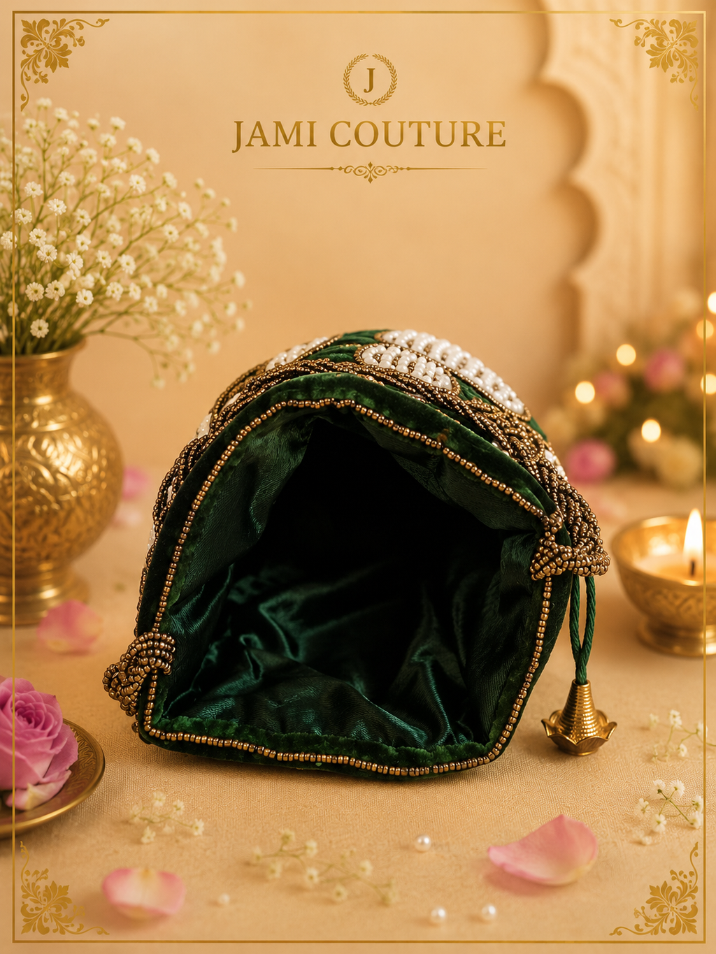 Green and Gold-Toned Embellished Potli Clutch