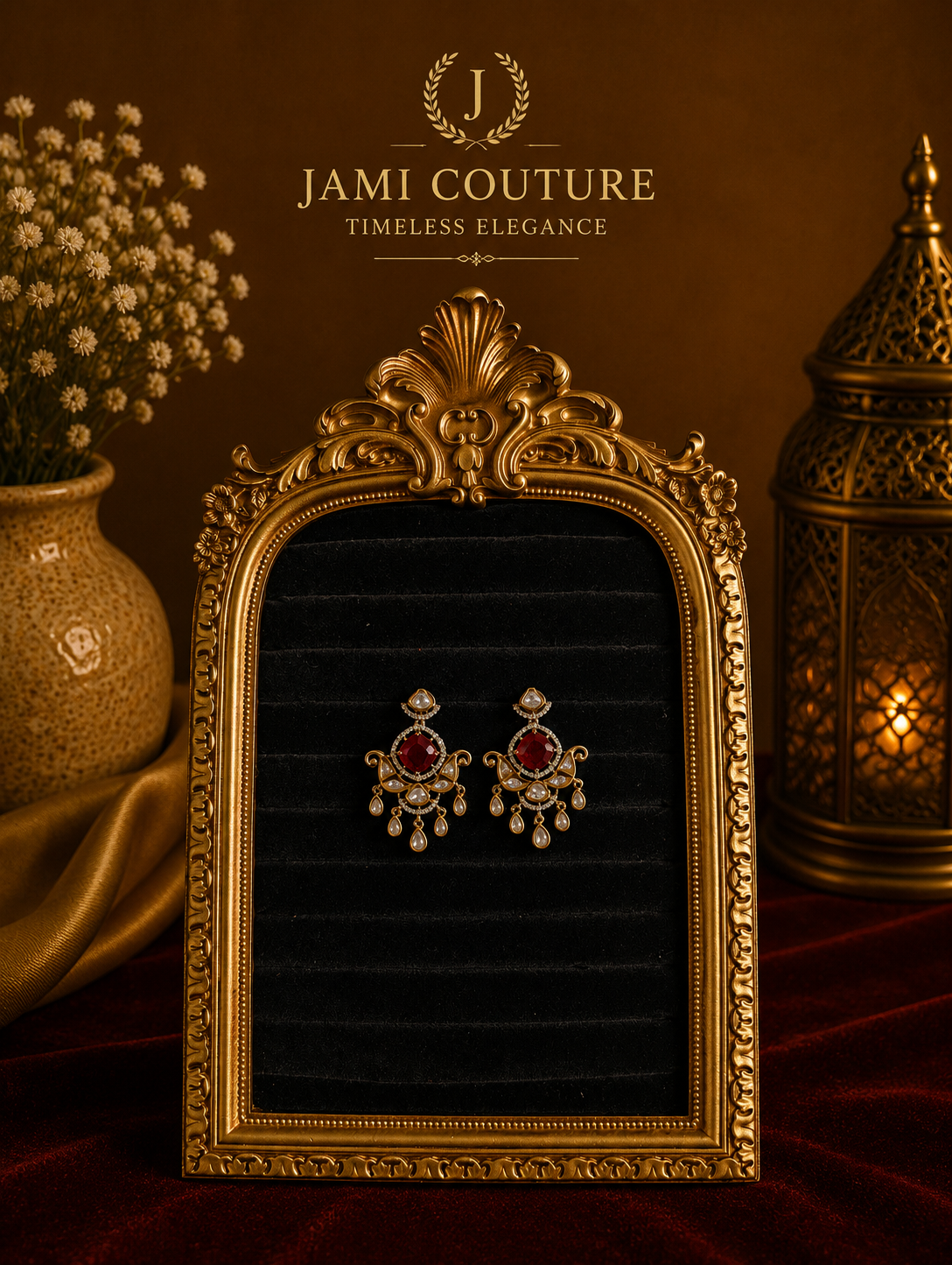 Ruby Red & White Diamond Chandbali Drop Earrings | Antique Gold-Toned Statement Jewelry