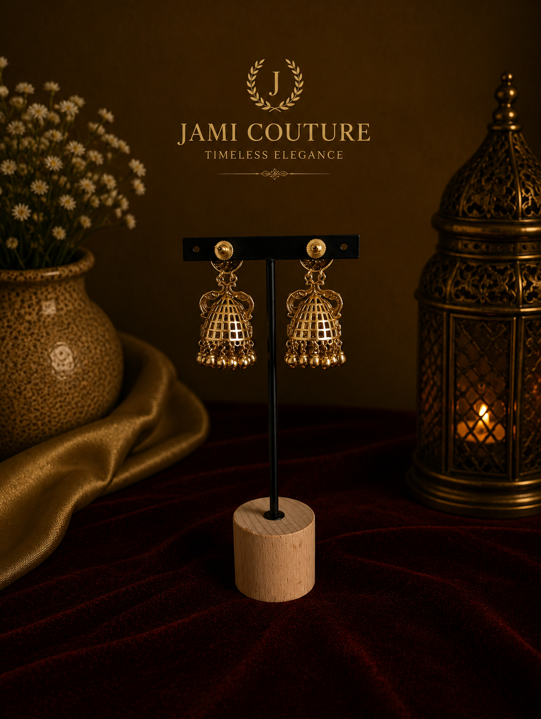 Antique Gold Jhumka Earrings with Ruby Accent & Pearl Drops | Traditional Temple Jewelry