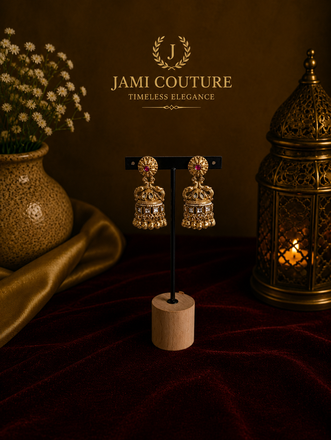 Antique Gold Jhumka Earrings with Ruby Accent & Pearl Drops | Traditional Temple Jewelry
