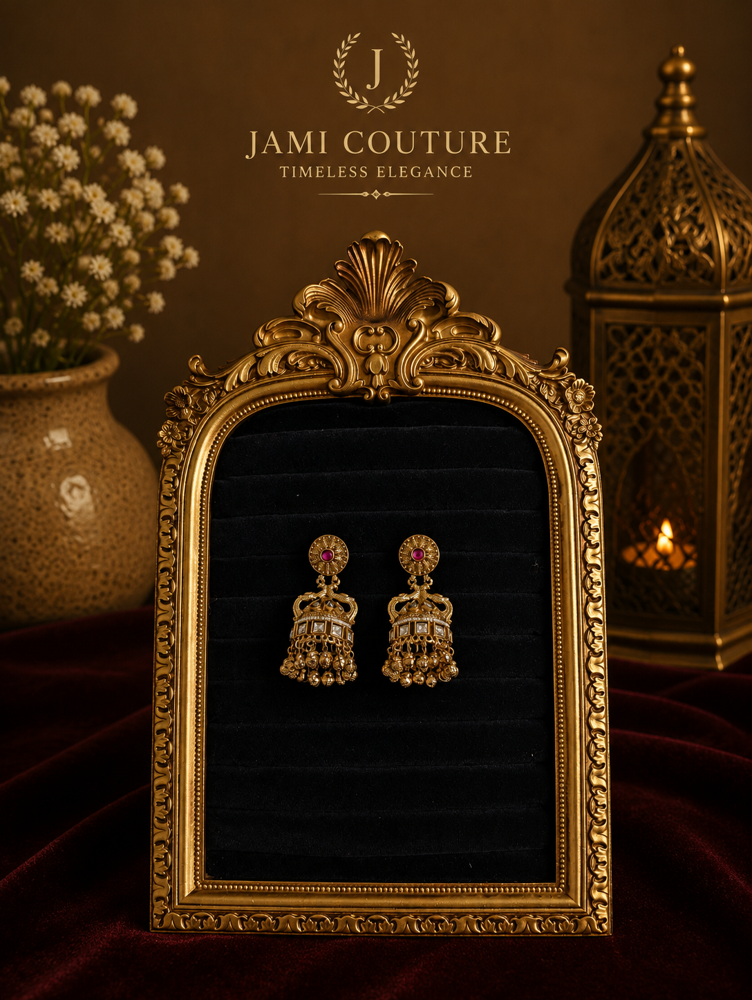 Antique Gold Jhumka Earrings with Ruby Accent & Pearl Drops | Traditional Temple Jewelry