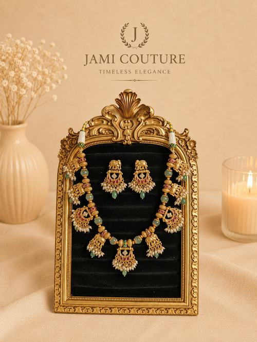 Antique Gold Elephant Motif Temple Necklace Set with Kundan & Pearl Drops | Traditional Bridal Jewelry