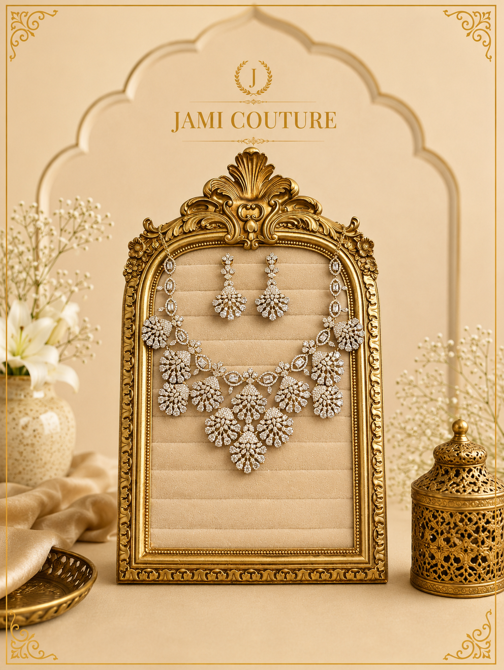 White Stone Statement Necklace | Gold-Toned Floral Bridal Necklace