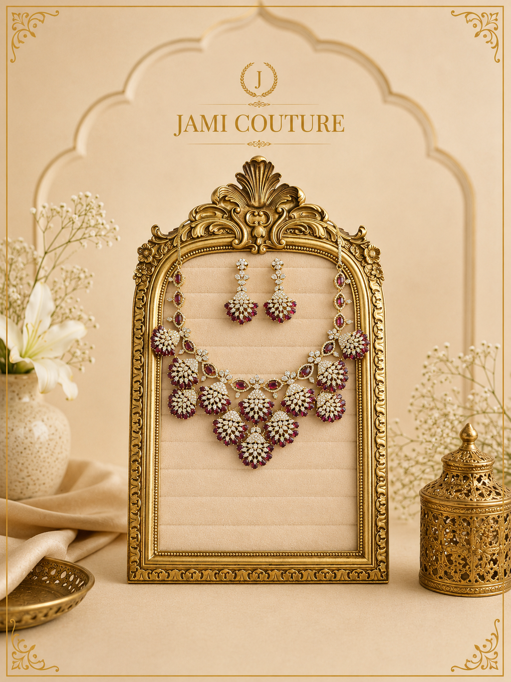 White Stone Statement Necklace | Gold-Toned Floral Bridal Necklace