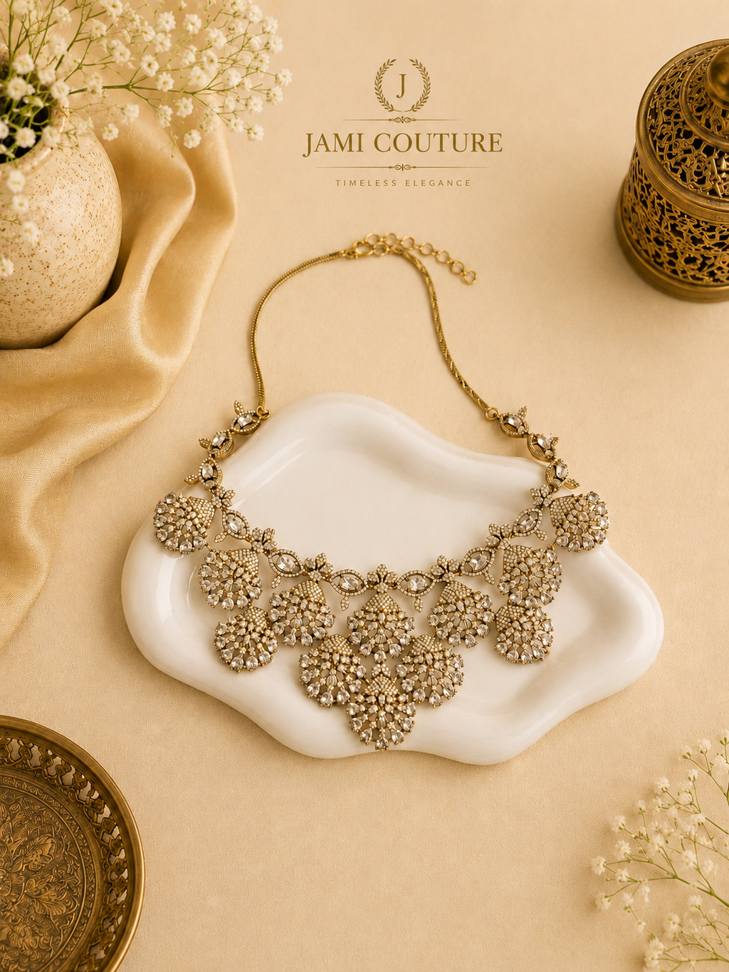White Stone Statement Necklace | Gold-Toned Floral Bridal Necklace