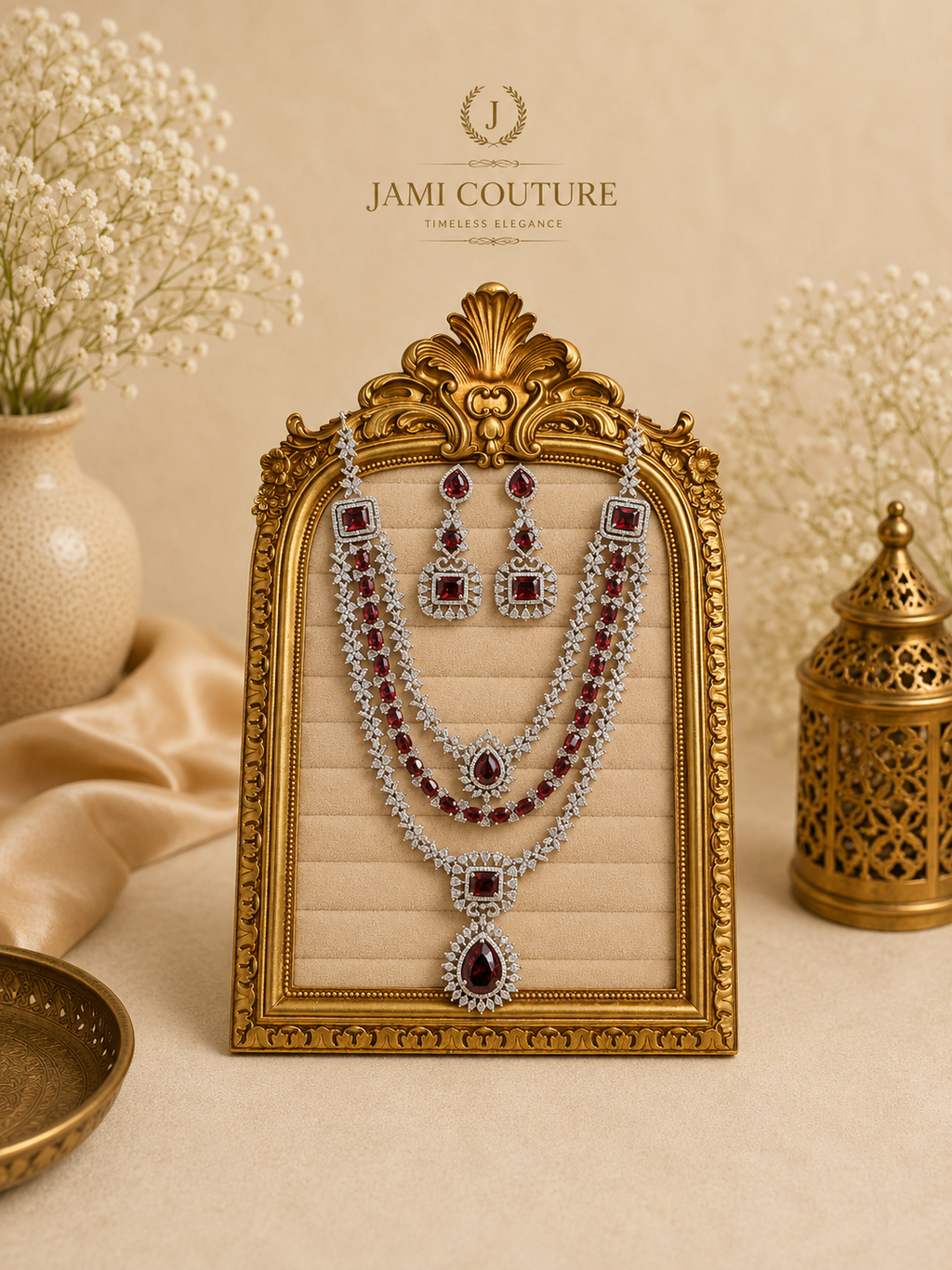 Ruby Red Layered Diamond Necklace Set with Matching Earrings | Bridal Statement Jewelry