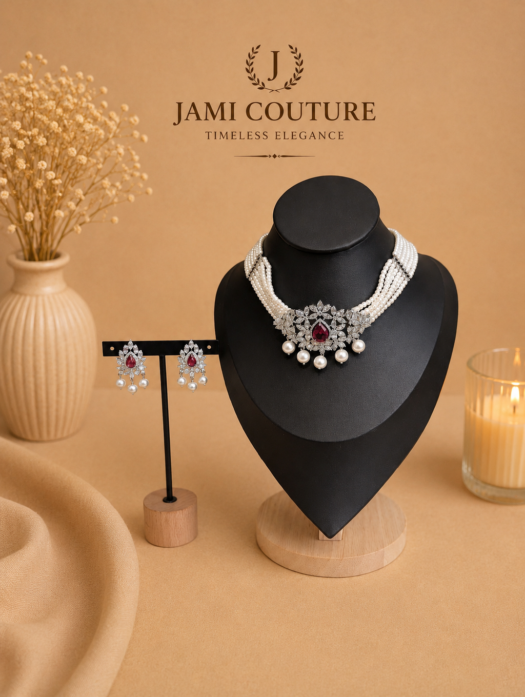Ruby Red & White Diamond Pearl Choker Set with Matching Earrings | Silver-Toned Statement Jewelry