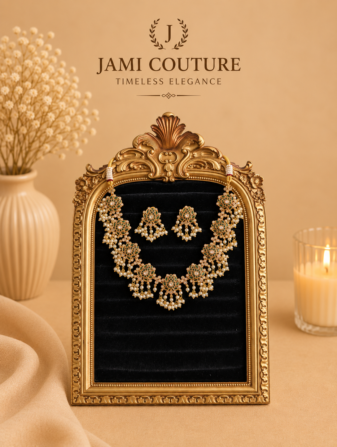 Ruby Red Lotus Jadau Necklace Set with Pearl Cluster Drops & Matching Studs | Antique Gold-Toned Temple Jewelry