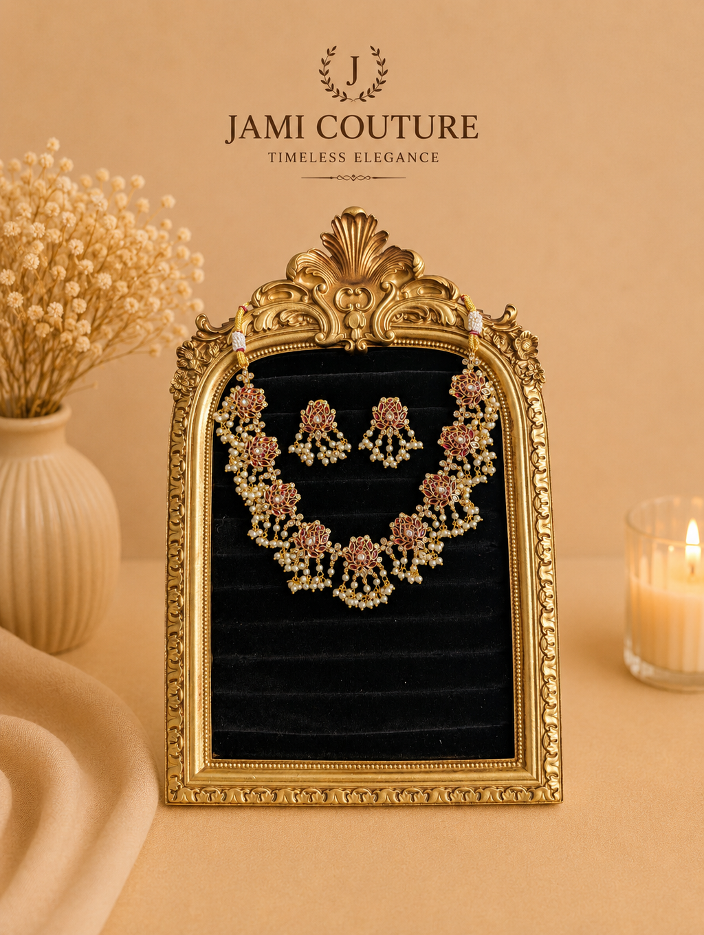 Ruby Red Lotus Jadau Necklace Set with Pearl Cluster Drops & Matching Studs | Antique Gold-Toned Temple Jewelry