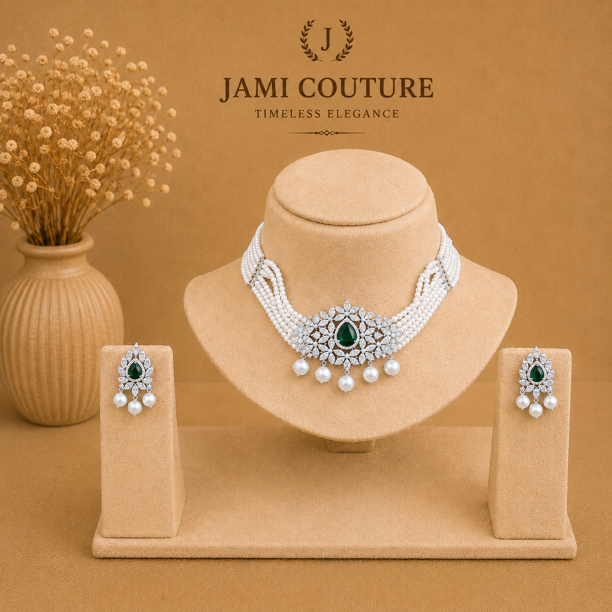 Ruby Red & White Diamond Pearl Choker Set with Matching Earrings | Silver-Toned Statement Jewelry