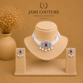 Ruby Red & White Diamond Pearl Choker Set with Matching Earrings | Silver-Toned Statement Jewelry
