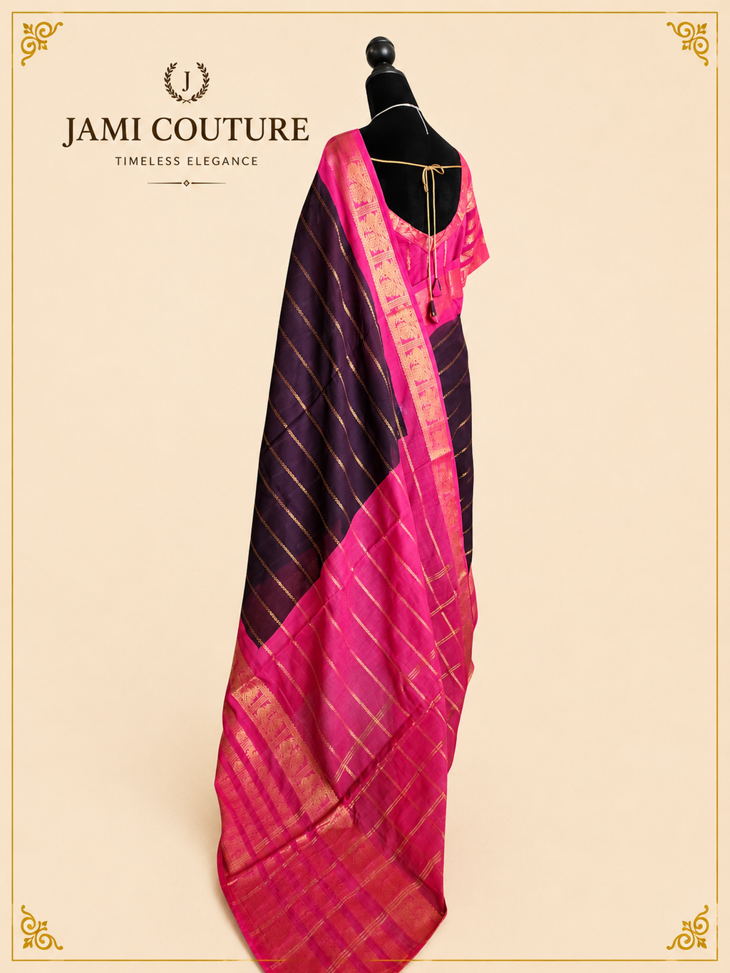 Magenta Pink & Brown Silk Cotton Saree with Golden Peacock Border | Ready-Stitched Blouse