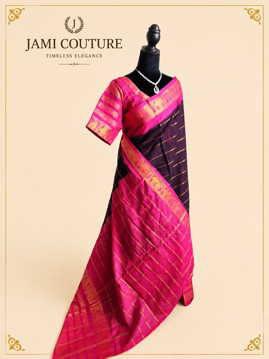 Magenta Pink & Brown Silk Cotton Saree with Golden Peacock Border | Ready-Stitched Blouse