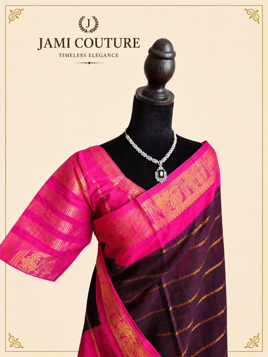 Magenta Pink & Brown Silk Cotton Saree with Golden Peacock Border | Ready-Stitched Blouse