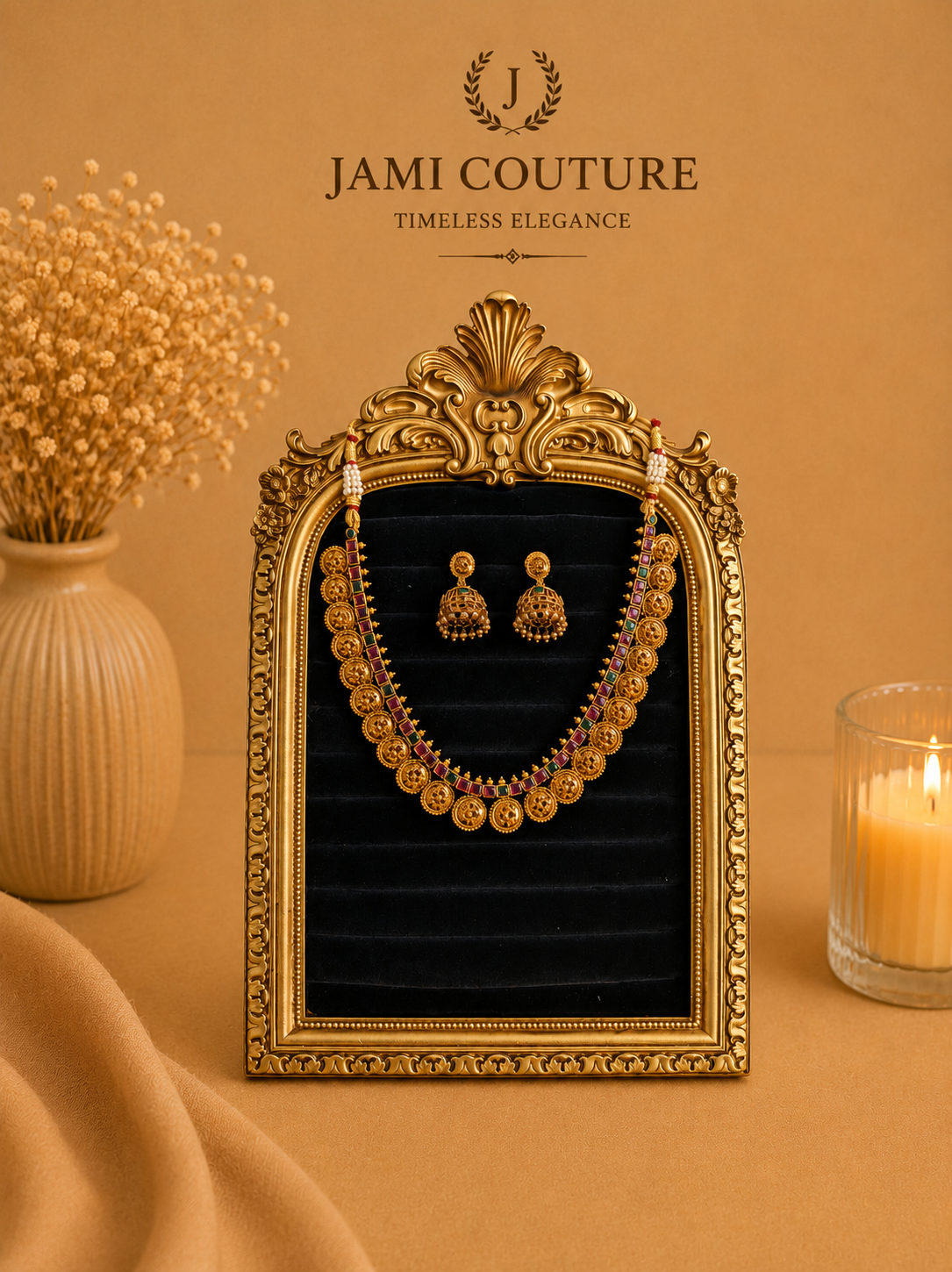 Antique Gold Floral Coin Necklace Set with Ruby & Emerald Stones & Matching Jhumkas | Traditional Temple Jewelry
