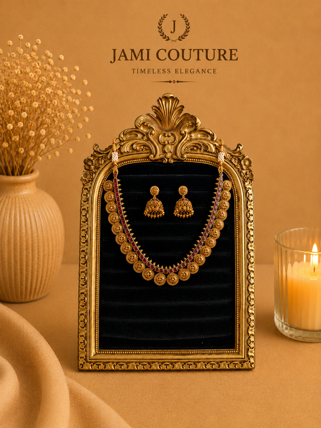 Antique Gold Floral Coin Necklace Set with Ruby & Emerald Stones & Matching Jhumkas | Traditional Temple Jewelry