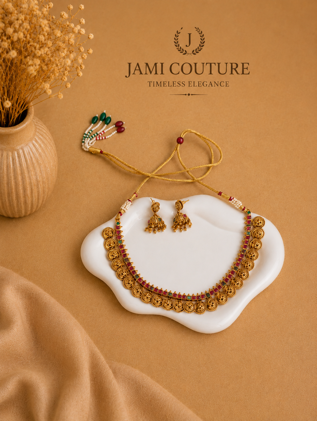 Antique Gold Floral Coin Necklace Set with Ruby & Emerald Stones & Matching Jhumkas | Traditional Temple Jewelry