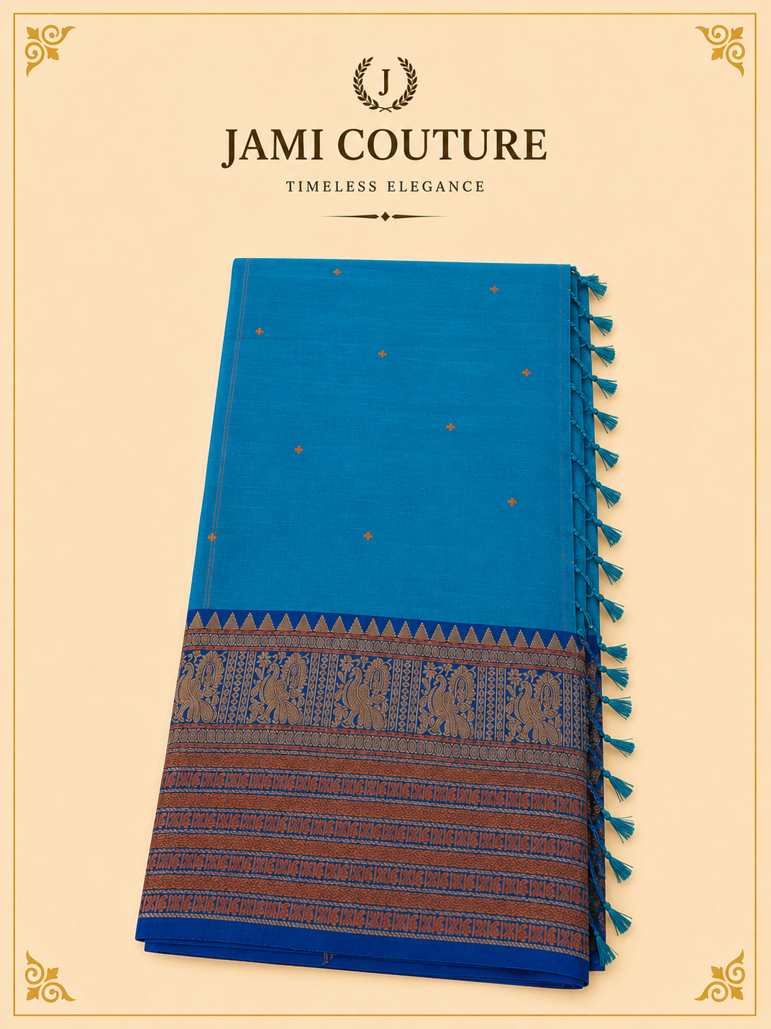 Peacock Blue Handwoven Cotton Saree with Contrast Zari Border & Pallu | Traditional South Indian Saree