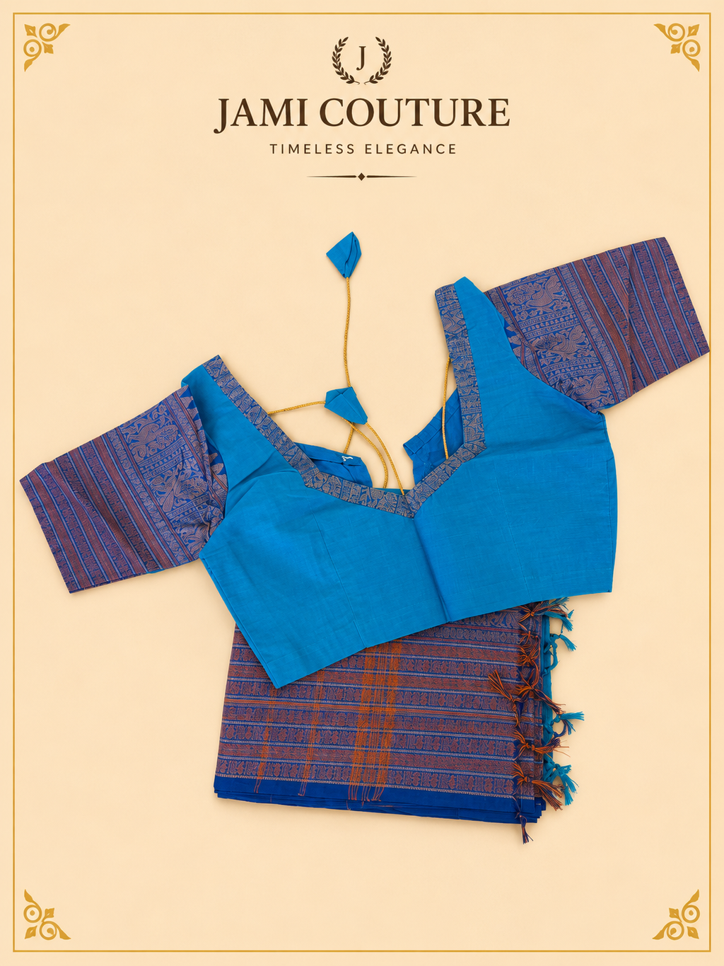 Peacock Blue Handwoven Cotton Saree with Contrast Zari Border & Pallu | Traditional South Indian Saree