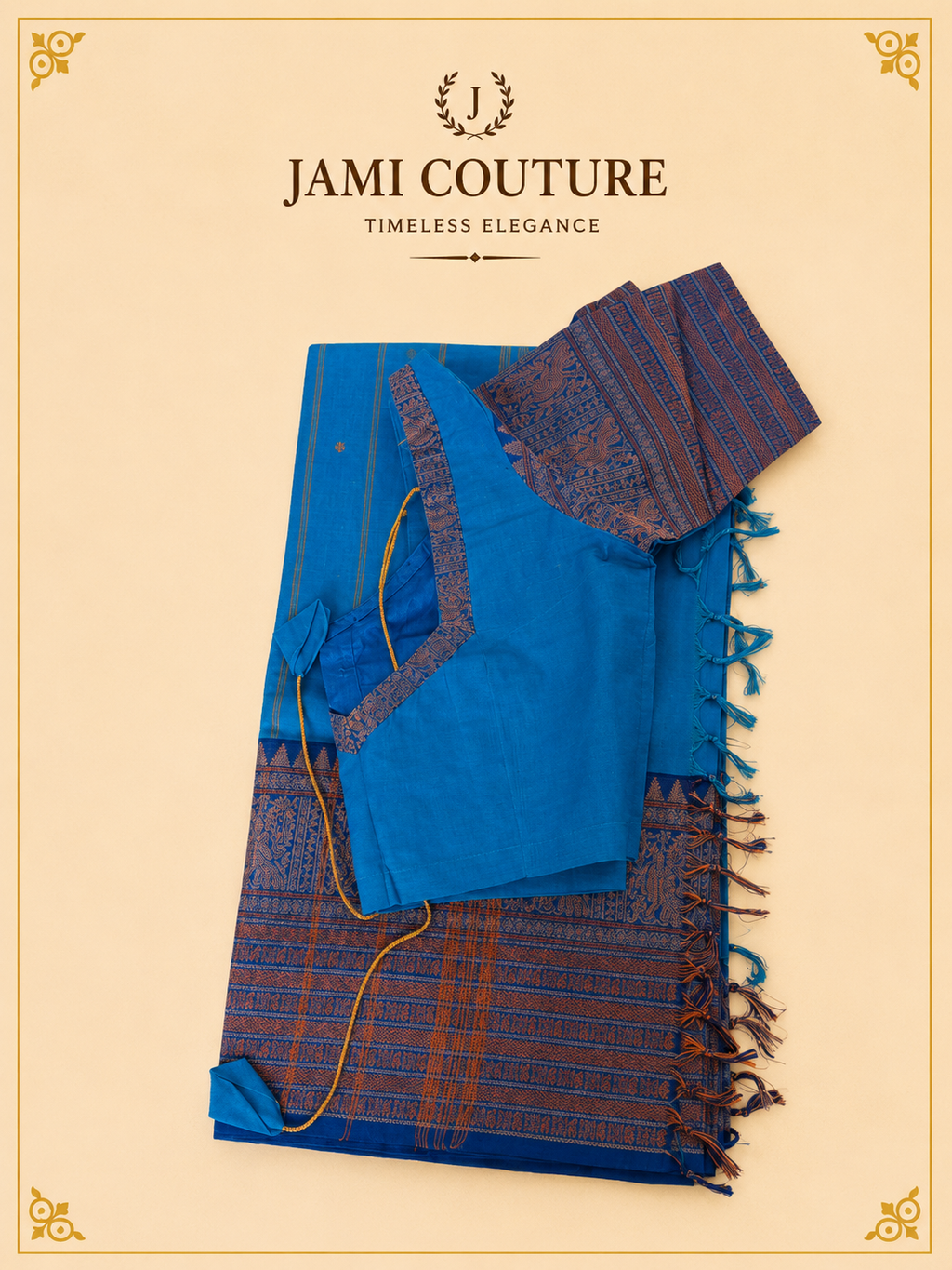 Peacock Blue Handwoven Cotton Saree with Contrast Zari Border & Pallu | Traditional South Indian Saree