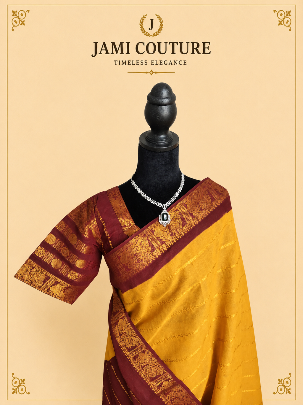 Mustard Yellow & Wine Silk Cotton Saree with Peacock Motif Border | Contrast Wine Zari Blouse
