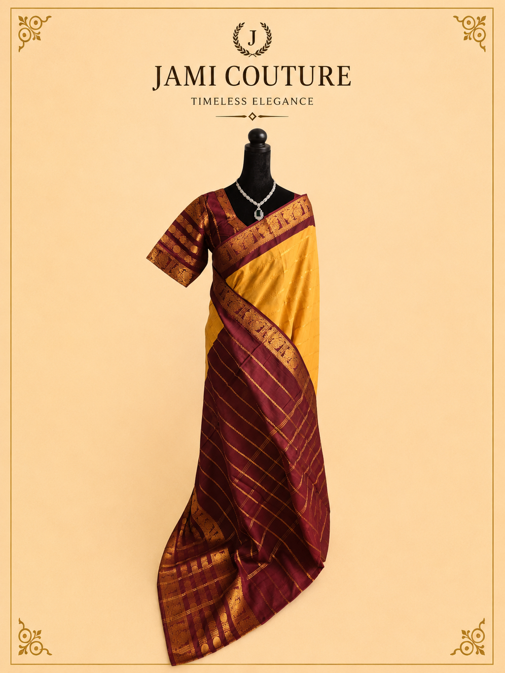 Mustard Yellow & Wine Silk Cotton Saree with Peacock Motif Border | Contrast Wine Zari Blouse
