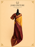 Mustard Yellow & Wine Silk Cotton Saree with Peacock Motif Border | Contrast Wine Zari Blouse