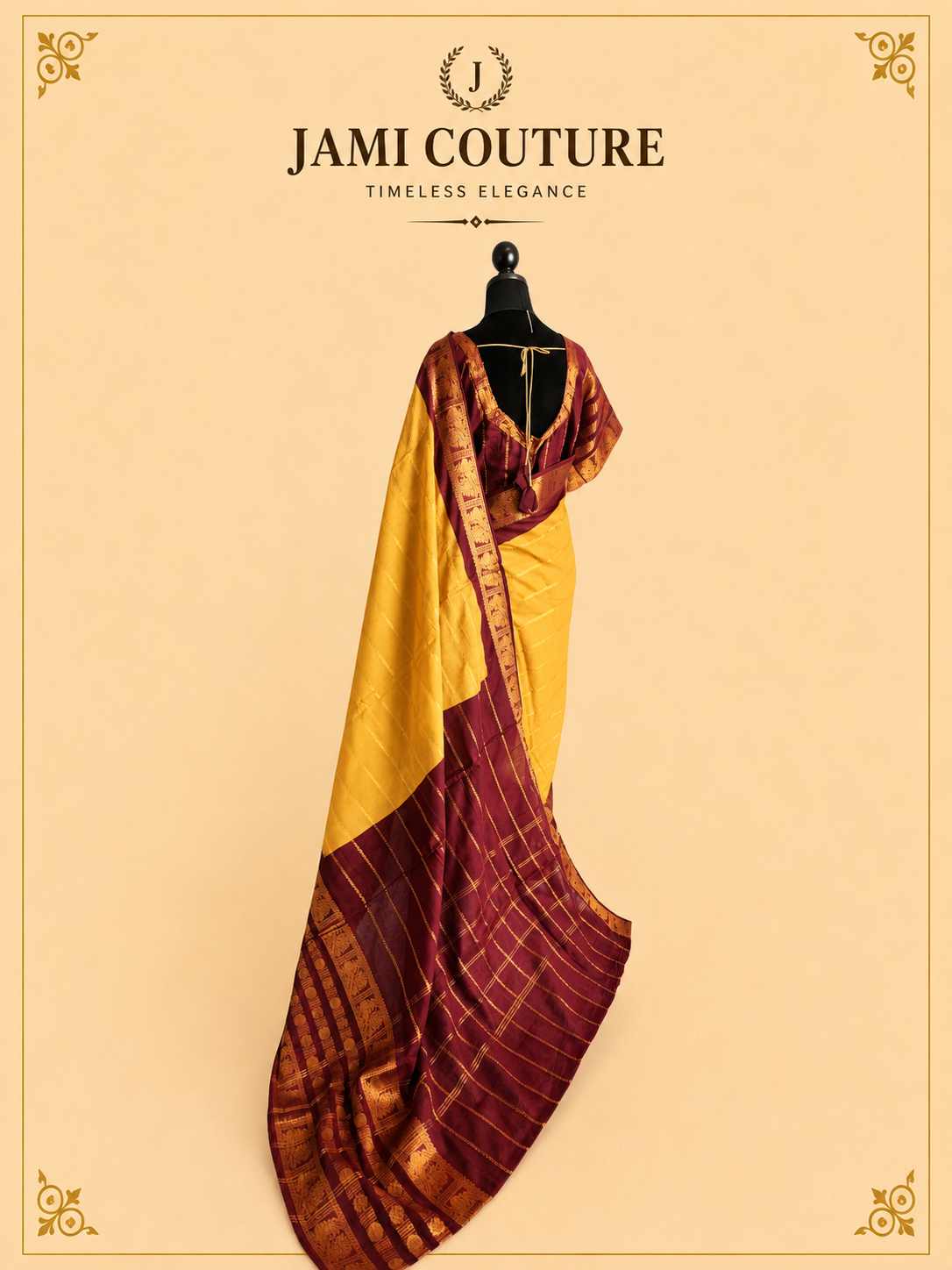 Mustard Yellow & Wine Silk Cotton Saree with Peacock Motif Border | Contrast Wine Zari Blouse