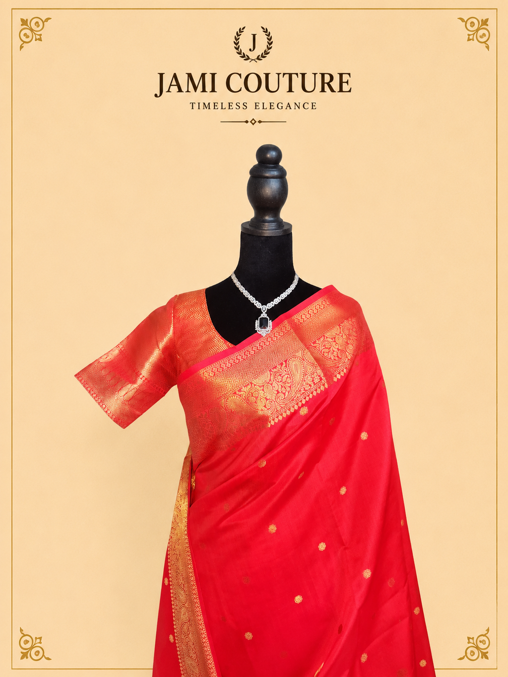 Vivid Red Kanchi-Style Warm Silk Saree with Zari Butti & Paisley Border | Matching Zari Blouse
