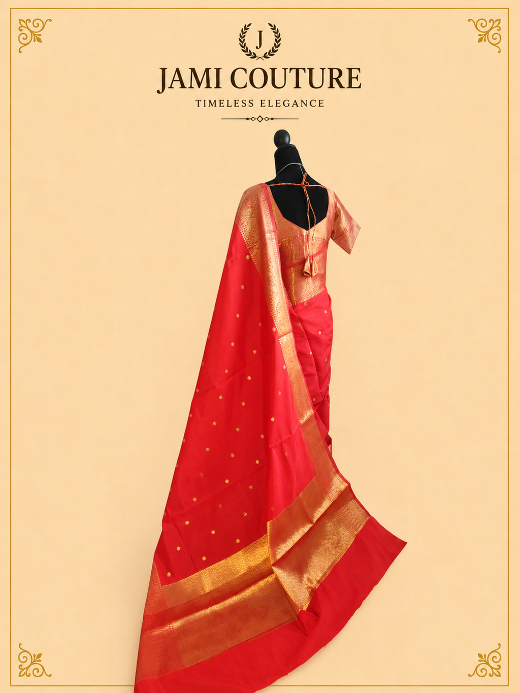 Vivid Red Kanchi-Style Warm Silk Saree with Zari Butti & Paisley Border | Matching Zari Blouse