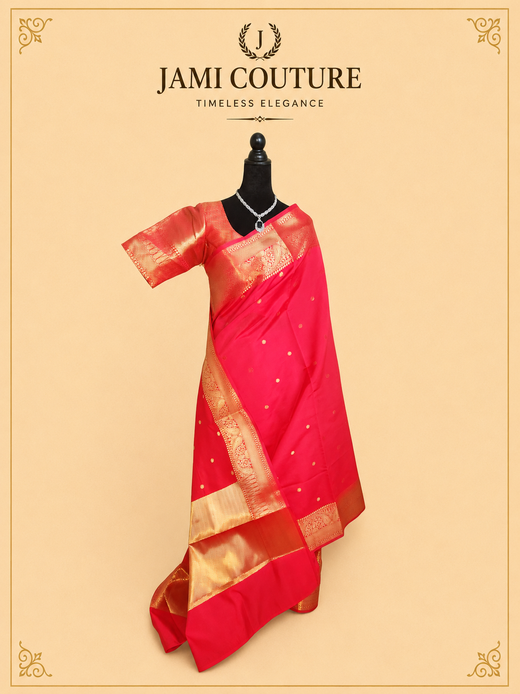 Vivid Red Kanchi-Style Warm Silk Saree with Zari Butti & Paisley Border | Matching Zari Blouse